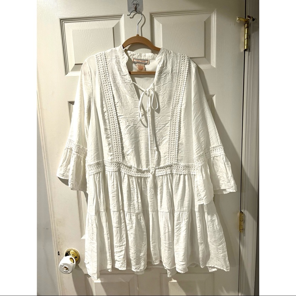 Flying Tomato White Flounce Sleeve Lace Accent Dress